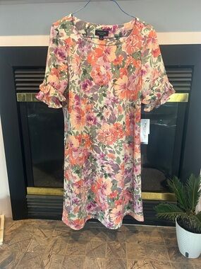 Perceptions Floral Shift Dress in Coral, Purple, Green on Cream